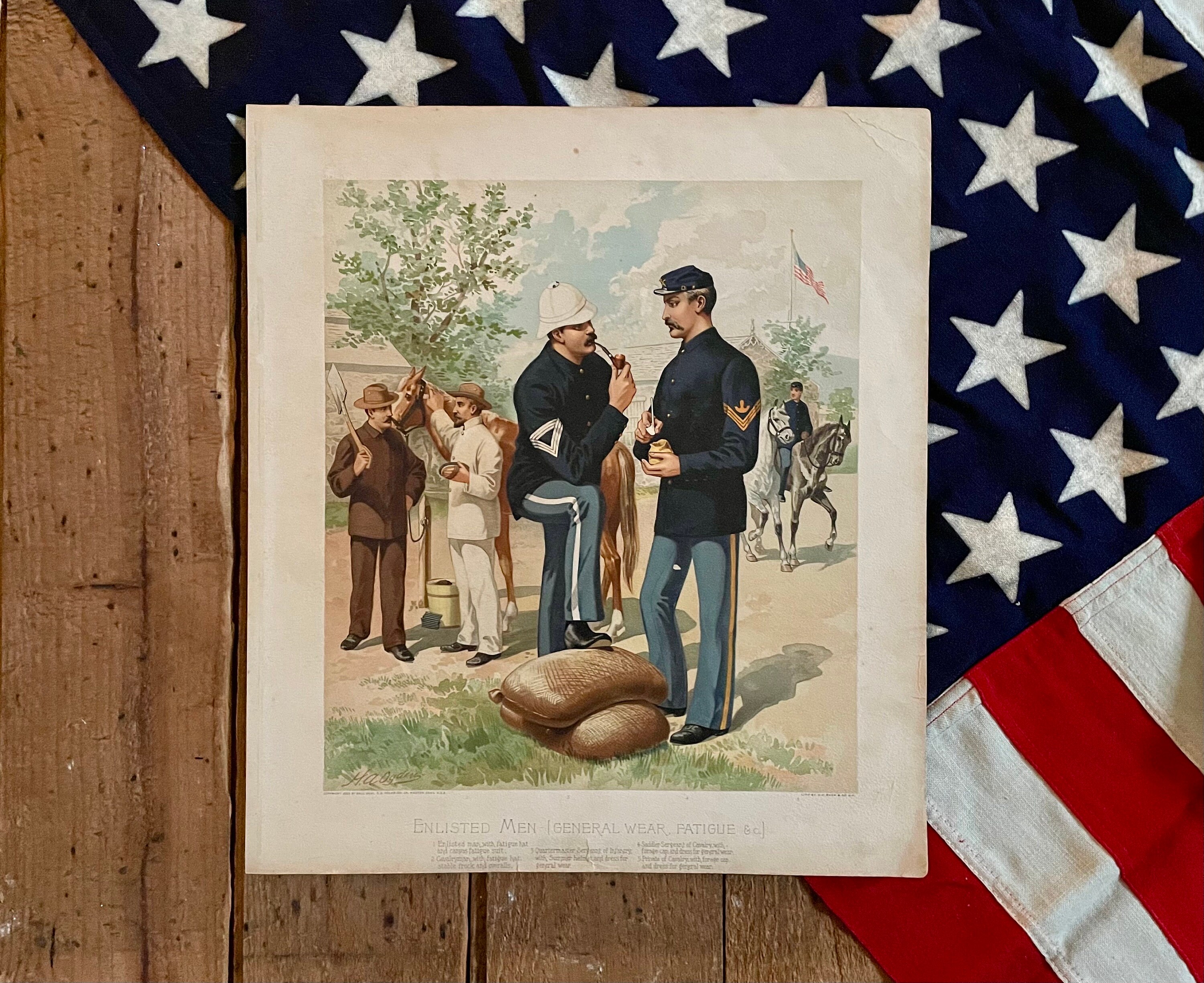 1888 US Army Enlisted Men! General Wear & Fatigues Uniforms! Framable Antique Lithographs! Militaria Collectible!