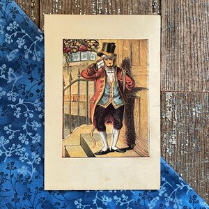 May include: An antique illustration of a monkey dressed in a red and blue suit, holding a cane and standing on a staircase. The monkey is wearing a top hat and has a surprised expression on its face.
