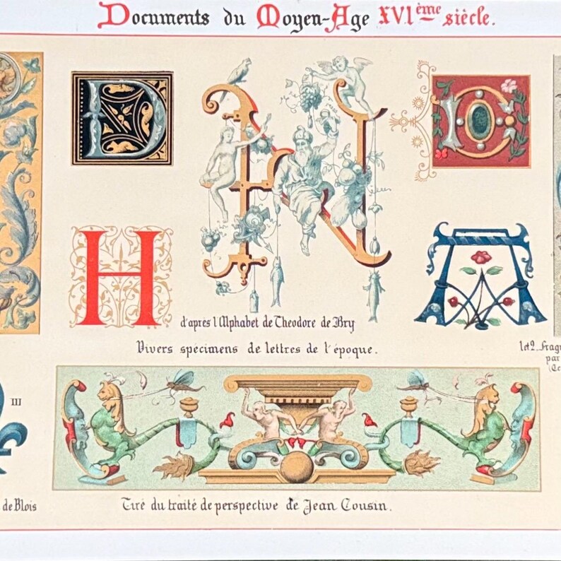1890s French Manuscript Letter Art Print: Illuminated Monogram ...