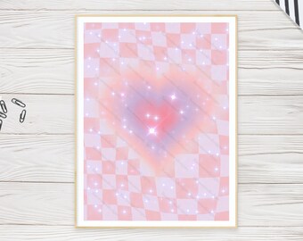 Pink/Purple Heart Aura Wall Poster | Digital Download | Retro Art | Checkered Groovy Y2K Pattern | Y2K Aesthetic | Art Print | 8.5 x 11 in