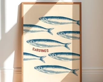 Sardinen schwimmen, Sardinen Wandbild, blaue Sardine, Fischwandkunst, Küstenwandkunst, Retro Wandkunst, Küchenwandkunst, zum ausdrucken