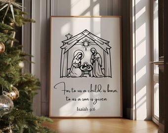 Porque para nosotros nace un niño Isaías 9:6 Blanco y negro, Escritura navideña, arte de la pared del versículo bíblico, arte de la pared cristiana, natividad, imprimible