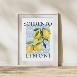 May include: A white framed print with a blue and white tiled background featuring a branch of lemons with green leaves. The text "SORRENTO LIMONI" is printed in black at the top and bottom of the image.