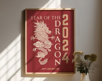 Year of the Dragon 2024, Happy Lunar New Year, red dragon, chinese dragon prints, lunar new year wall art, chinese zodiac, printable digital