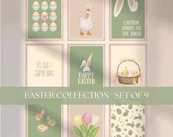 Easter Spring Wall Art Set of 9, printable wall art, easter duck, spring wall art, easter decor, easter prints, pastel prints, sage green