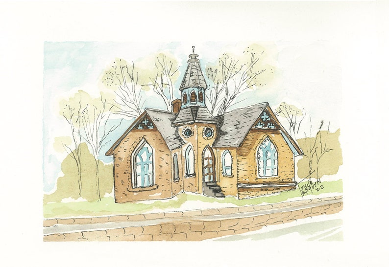 May include: Watercolor painting of a brick building with a tower and arched windows. The building is surrounded by trees and a stone wall.