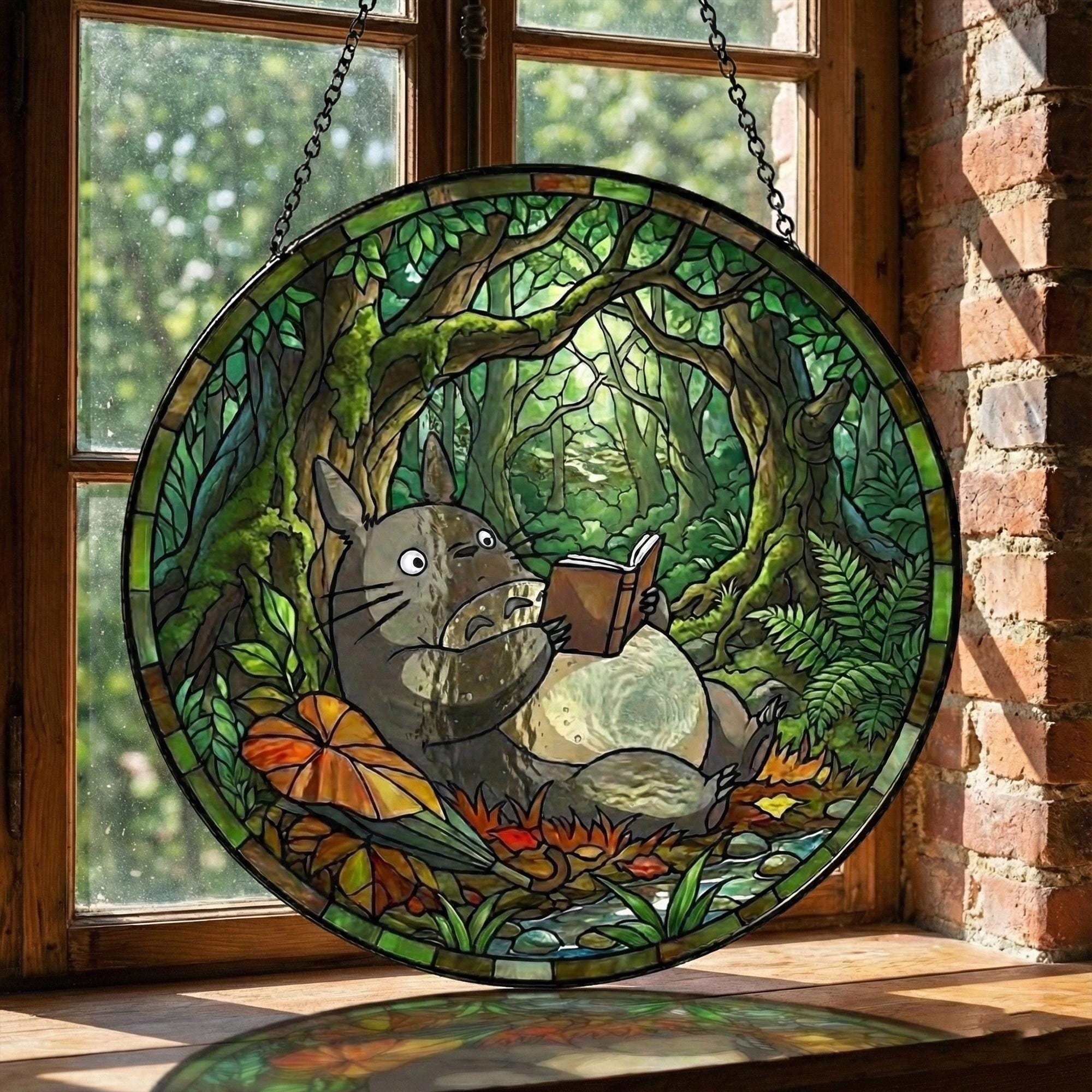 Ghisetti（ギセッティ）ガラス象 Totoro Reading Glass Suncatcher, Stained Glass Anime Window Art