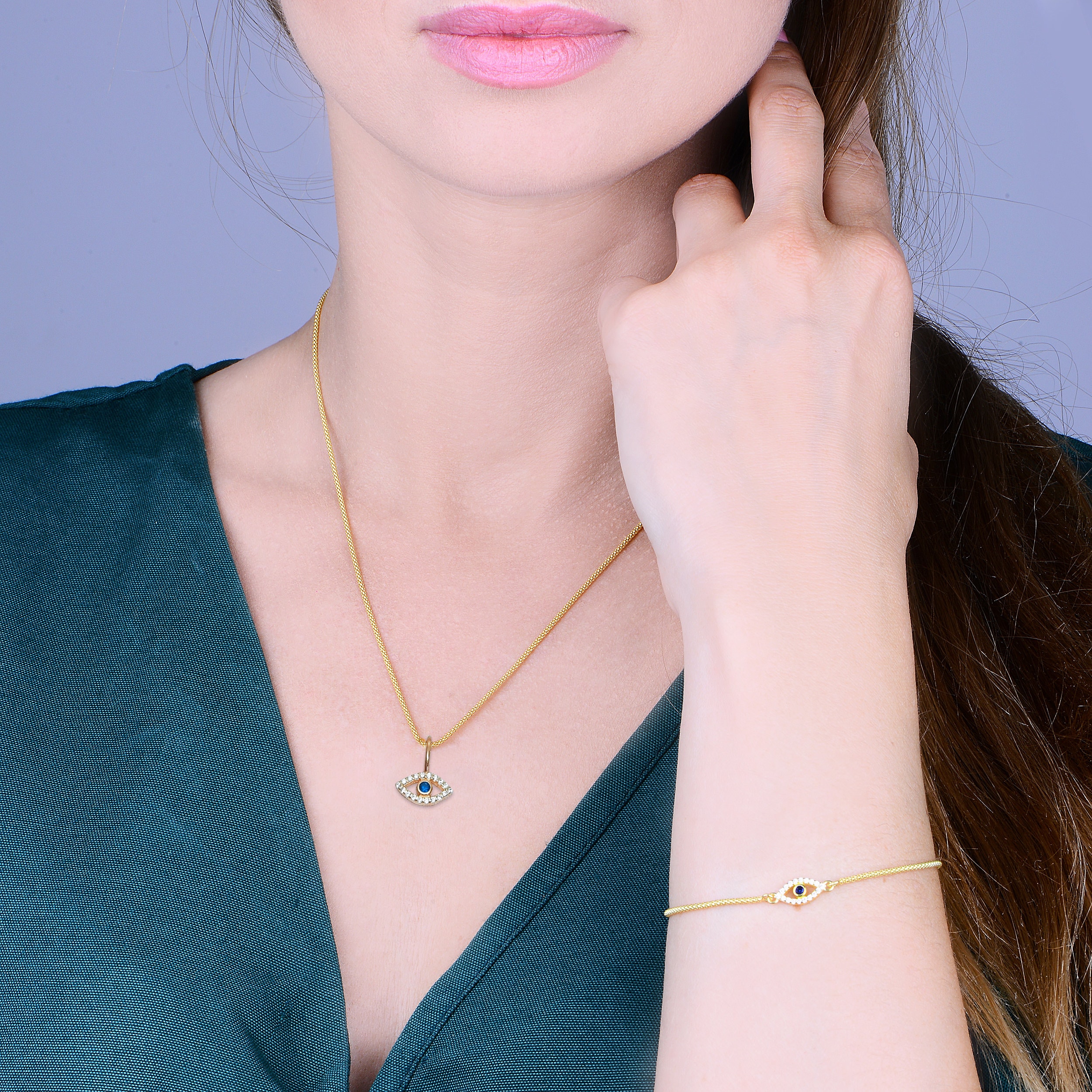 Evil Eye Jewelry Set – Gold Bracelet & Silver Necklace With Sapphire Stone, Protection Charm For Women - View #6