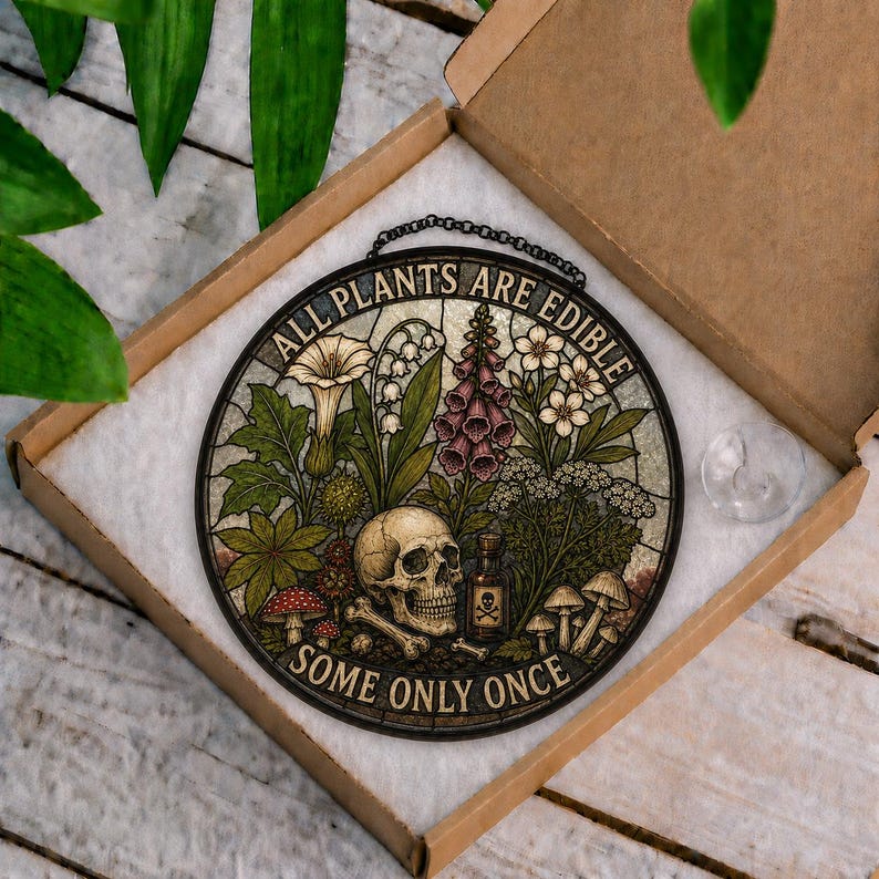 May include: Round stained glass art piece with a botanical and skull design. The artwork features various plants, mushrooms, a skull, and the text "ALL PLANTS ARE EDIBLE SOME ONLY ONCE". It is displayed in a cardboard box.