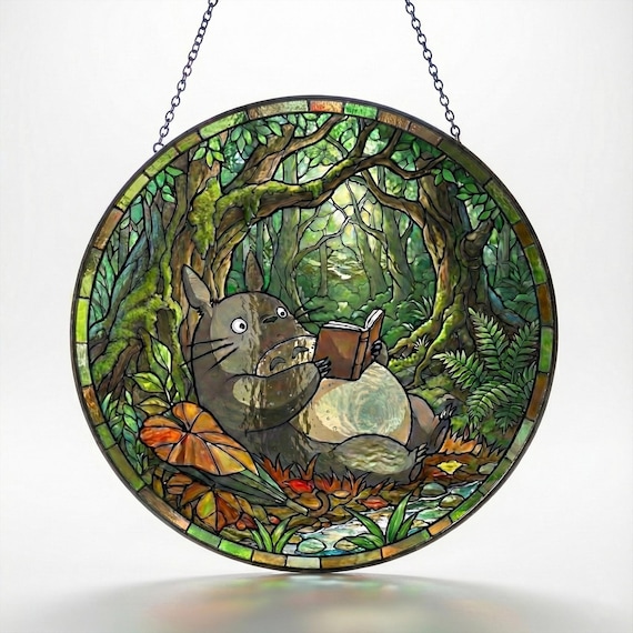 Totoro Reading Glass Suncatcher, Stained Glass Anime Window Art