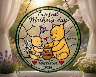 Personalized Pooh Our First Mother's Day Together Baby Glass Suncatcher, Custom Winnie Bear Our First Mother's Day Together 2026 Window
