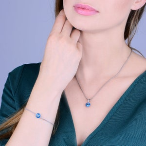 Blingoz Blue Evil Eye Jewelry Set, Silver Necklace & Bracelet, Set Blue Evil Eye Bracelet and Choker Necklace Gift Set