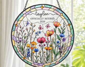 Personalized Retirement Flower Suncatcher, Retirement Gift for Boss, Appreciation Gift for Teacher, Happy Retirement Window Decor