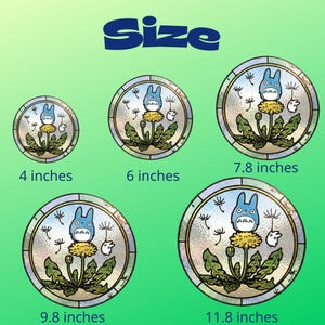 May include: A collection of five round decorative decals featuring a blue cartoon character with a yellow flower and green leaves. The decals are sized at 4, 6, 7.8, 9.8, and 11.8 inches, with the word "Size" in blue at the top.