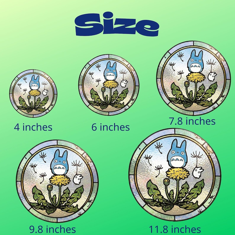 May include: A collection of five round decorative decals featuring a blue cartoon character with a yellow flower and green leaves. The decals are sized at 4, 6, 7.8, 9.8, and 11.8 inches, with the word "Size" in blue at the top.