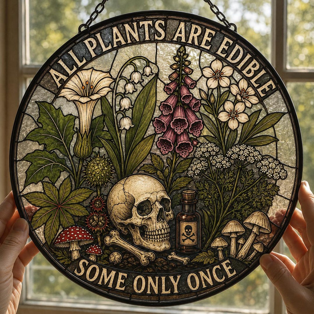 All Plants Are Edible Stained Glass Suncatcher | Funny Gothic Botanical Window Hanging | D
