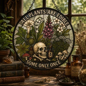 May include: Round stained glass art piece with the text "ALL PLANTS ARE EDIBLE SOME ONLY ONCE". The artwork features a skull, bones, mushrooms, and various plants. The piece is hanging in front of a window.