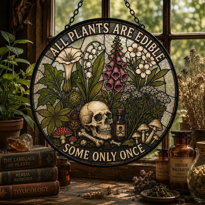 May include: Round stained glass art piece with the text "ALL PLANTS ARE EDIBLE SOME ONLY ONCE". The artwork features a skull, bones, mushrooms, and various plants. The piece is hanging in front of a window.