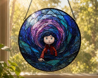 Charming Coraaline Stained Glass Suncatcher Window Hanging, Gothic Dark Fantasy Decor, Coraaline Fan Gift, Black Cat Window Ornament