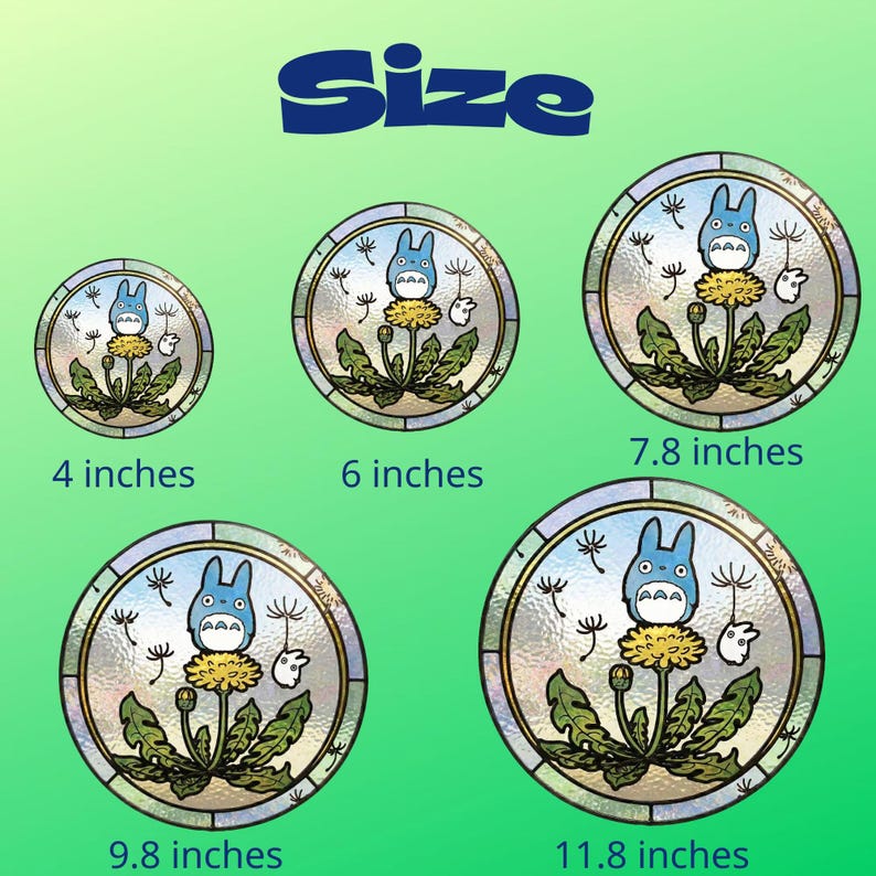 May include: A collection of five circular decals featuring a blue cartoon character with a yellow flower and green leaves. The decals range in size from 4 inches to 11.8 inches, with the word "Size" above.