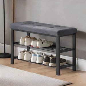 Handcrafted Black Shoe Organizer Bench with 8 Pair Storage - Amsterdam Style