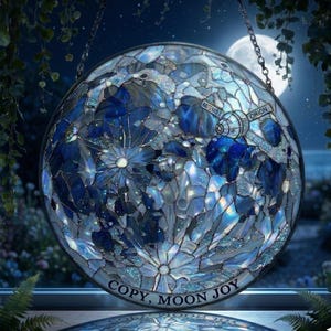 May include: A round, stained glass art piece with a celestial theme. The artwork features shades of blue and white, depicting a moon and stars. The text "COPY, MOON JOY" is visible at the bottom. The piece is suspended by chains.
