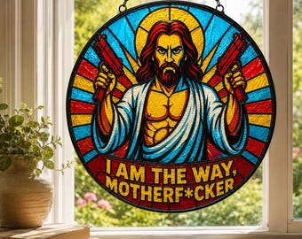 HeyZoos Uzi Jesus Inspired Glass Suncatcher, Funny Dungeon Crawler Carl Style Window Hanging Decor, LitRPG Fan Gift,Dark Humor Stained Glass