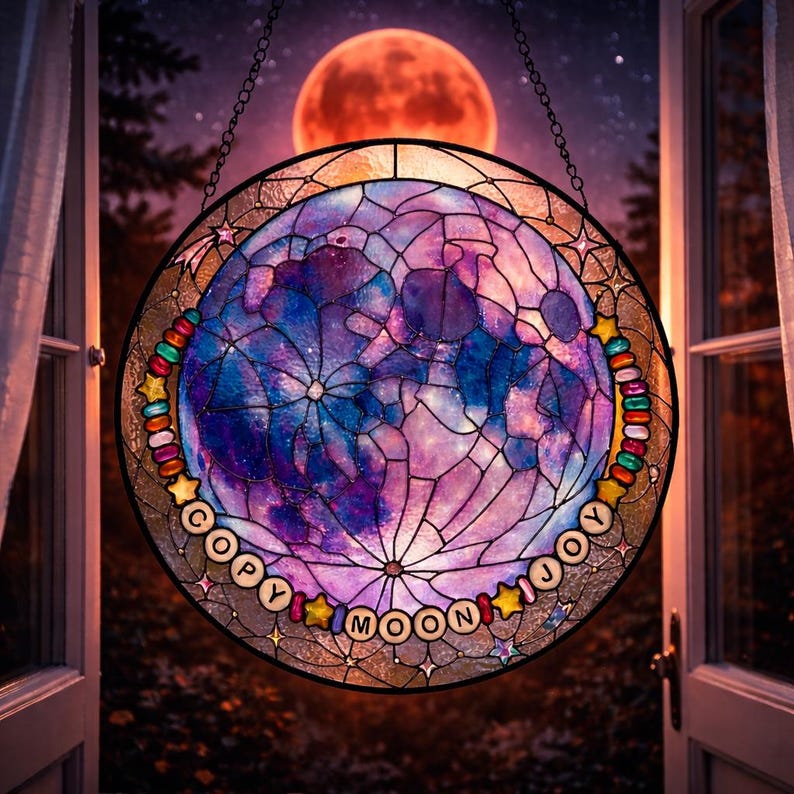 Pu&ograve; includere: Opera d'arte circolare in vetro colorato raffigurante una luna nelle tonalit&agrave; del blu, viola e rosa. Il design include il testo "COPY MOON JOY" ed &egrave; incorniciato da perline colorate e forme di stelle. Una catena &egrave; attaccata per appenderlo.
