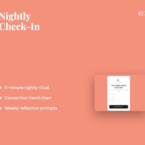 Puede incluir: Gráfico de color melocotón con el texto "Nightly Check-In". Incluye viñetas para un ritual nocturno de 5 minutos, un gráfico de tendencias de conexión y avisos de reflexión semanales. También se muestra una interfaz digital.