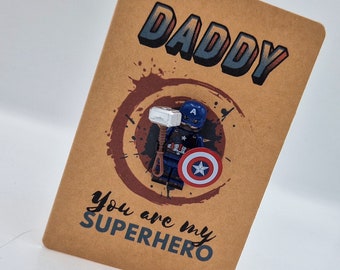 Personalised Greeting Card with figure - Any Text! Captain America inspired - Superhero Dad Daddy Fathers Day Birthday For Him Brother Son