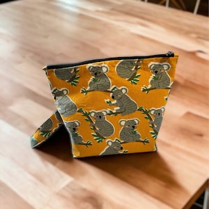 Koala Project Bag: Gold Cotton Zipper Pouch, Knitting Crochet Gift