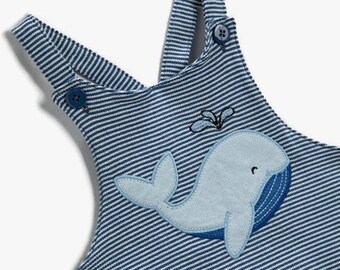 Toddler Overall – Handmade White and Blue Striped Cotton Blend, Fish Graphic