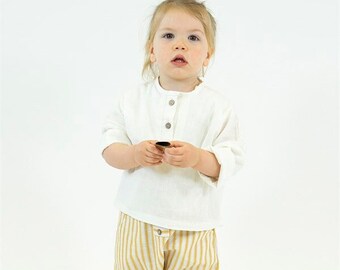 Cotton Toddler Clothes Set – White Shirt & Striped Pants