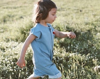 MINIMALIST DENIM ROMPER - Kids Clothing for 1-6 Years - Toddler Clothes, Light Pastel Colors, Cotton Fabric, Short Sleeve