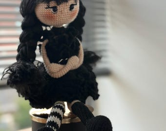 WEDNESDAY ADDAMS - 14" Crochet Doll with Signature Black Dress - Gift for Kids, Adults & Collectors
