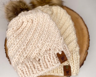 Handmade Knit Wool Swirl Mommy and me hats with faux fur pom, cream beanie