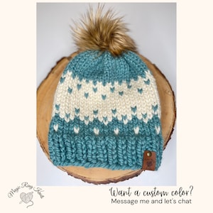 Handmade Knit Wool beanie with faux fur pom, winter hats, wool hats