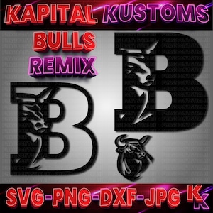 May include: A digital design featuring the text "KAPITAL KUSTOMS BULLS REMIX" in neon pink and red lettering. The design also includes a black silhouette of a bull's head and the letter "B" with a bull's head incorporated into the design. The text "SVG-PNG-DXF-JPG K" is at the bottom of the design in neon pink lettering.