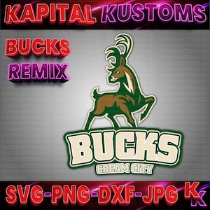 Może przedstawiać: Grafika cyfrowa z tekstem "KAPITAL KUSTOMS", "BUCKS REMIX" i "SVG-PNG-DXF-JPG K". Obraz zawiera zielone i brązowe logo jelenia nad słowem "BUCKS" w kremowym i zielonym wzorze. "Cream City" znajduje się pod słowem "BUCKS".