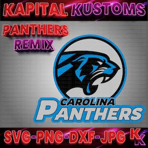 May include: A blue and white Carolina Panthers logo with a black panther head inside a circle. The text "Carolina Panthers" is written in white letters on a blue background. The text "KAPITAL KUSTOMS" is written in pink letters on a black background. The text "PANTHERS REMIX" is written in red letters on a black background. The text "SVG-PNG-DXF-JPG K" is written in red letters on a black background.