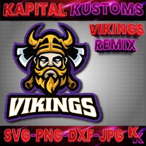 May include: A digital graphic featuring a Viking warrior with a yellow helmet and beard, holding axes. The word "VIKINGS" is displayed in white letters on a purple banner. The text "KAPITAL KUSTOMS" and "VIKINGS REMIX" are also present.