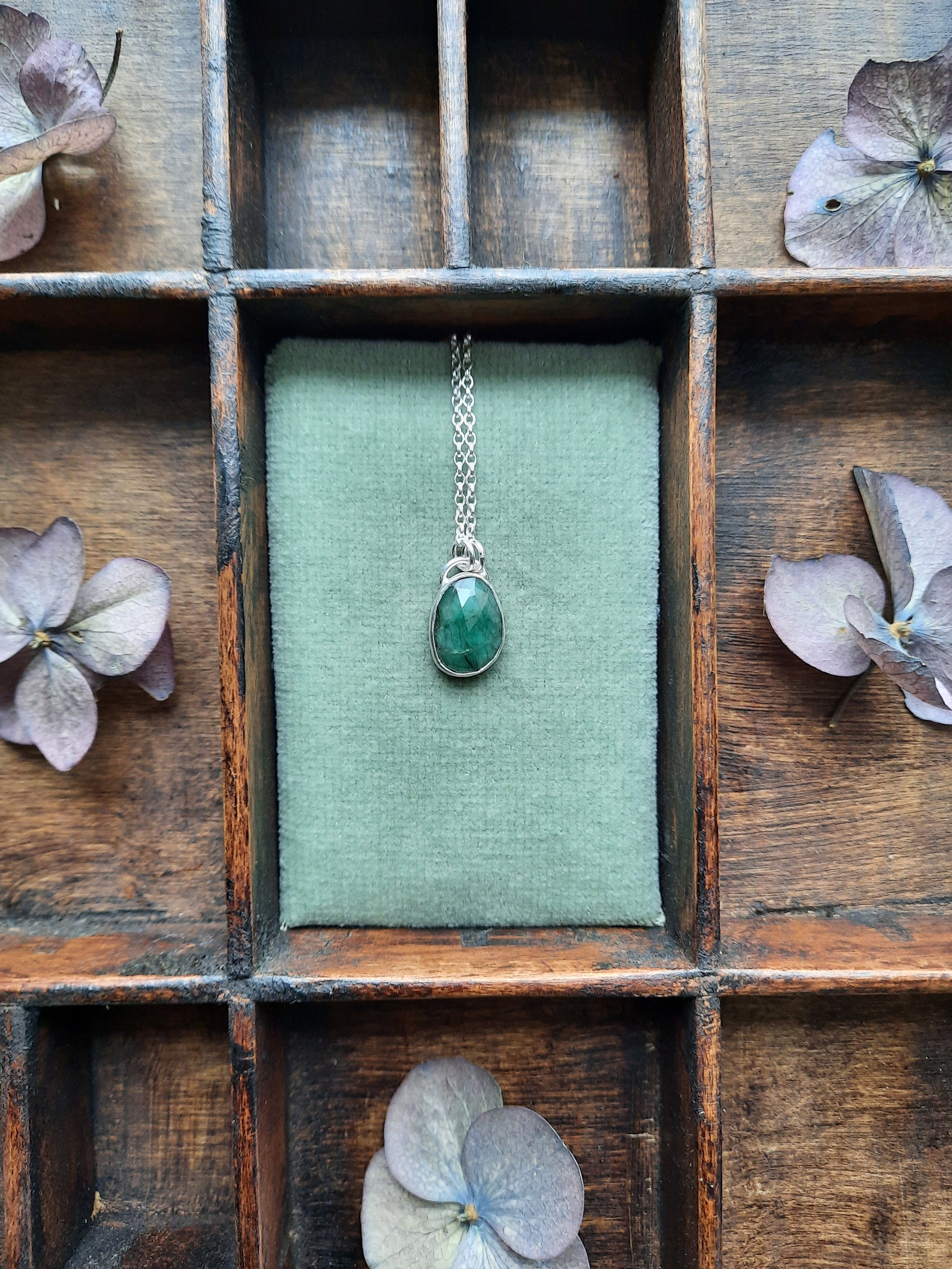 Emerald and Sterling Silver Necklace Rich Green Emerald Gemstone