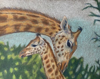 Mama and baby giraffes archival Giclee print from original drawing by seller