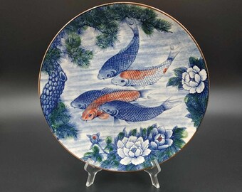 Vintage Sun Ceramics Koi Fish Lotus Charger Plate Japan 12 1/2&quot; Porcelain