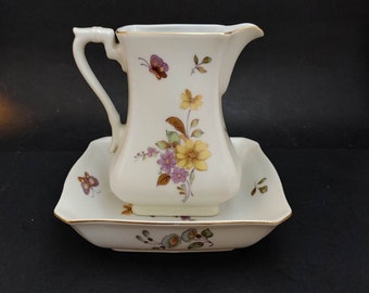 Vintage Hand Painted Lefton Small Pitcher & Bowl Set Butterfly Floral XA8135