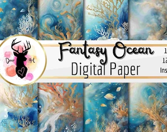 Fantasy Ocean Digitales Papier - Blaues Unterwasserleben verträumte ästhetische, wunderliche Hintergründe Scrapbooking, Handwerk, bedruckbar, Tagebuch, Journal