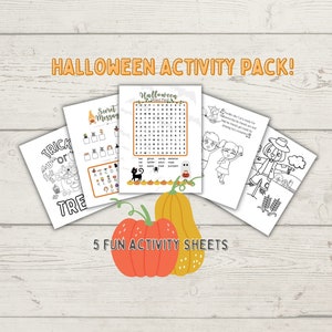 May include: Five printable Halloween activity sheets featuring a word search, a secret message, a connect the dots, a coloring page, and a trick or treat game. The sheets are decorated with pumpkins, bats, and other Halloween imagery.