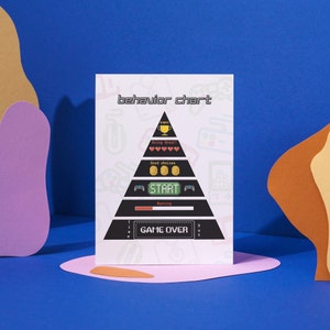 May include: A white card with a black and white illustration of a video game-themed behaviour chart. The chart is shaped like a pyramid with the words "behaviour chart" at the top. The pyramid has levels that include "Winner", "Doing Great!", "Good Choices", "Start", "Warning", and "Game Over".