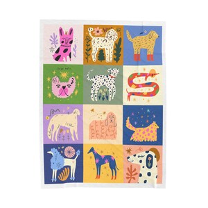 Fun Colorful Dog in a square Blankets, Gift for Dog Mom Dad Lover, Animal Dog Print Home Room Decor, Kitten Blanket, Best Birthday Gift