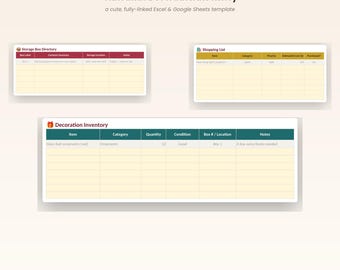 May include: A digital Christmas Decoration Inventory template for Excel and Google Sheets. The layout includes tables titled Storage Box Directory, Shopping List, and Decoration Inventory with columns for item details, categories, and storage locations.